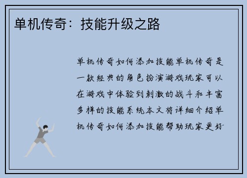 单机传奇：技能升级之路